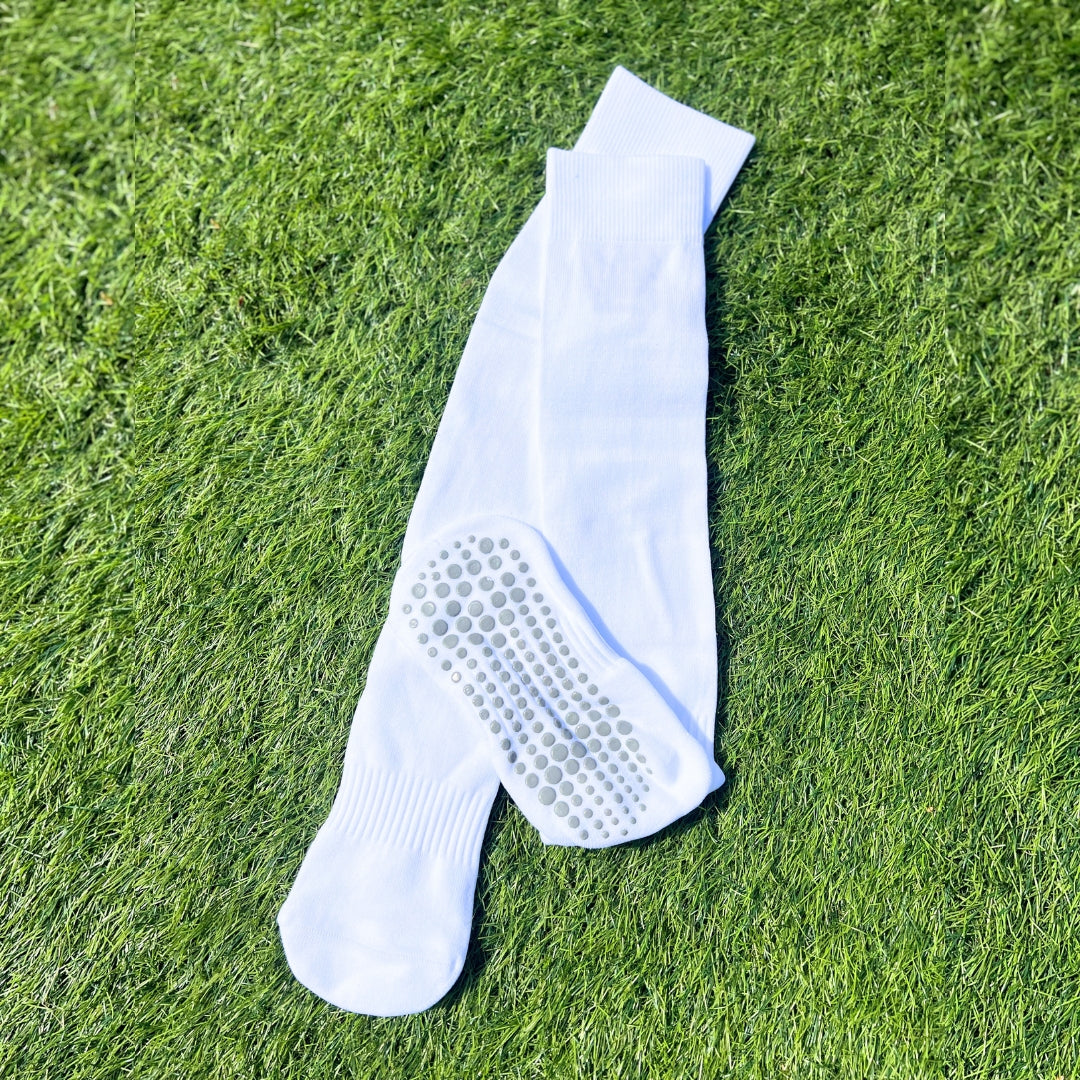 Front view of white grip sock football socks.